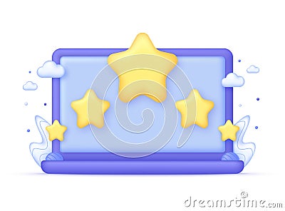 3D Five yellow stars on Computer. Customer review concepts. Reviews stars with good and bad rate. Vector Illustration