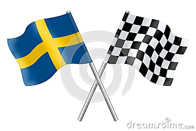 3D Flags of Sweden and Checkered isolated on white background Stock Photo