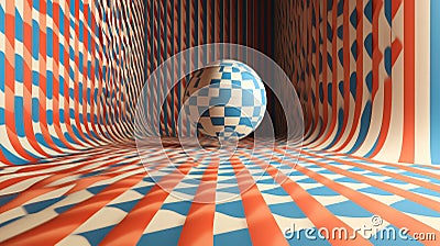 3D floating sphere in a patterned colorful cube space Stock Photo