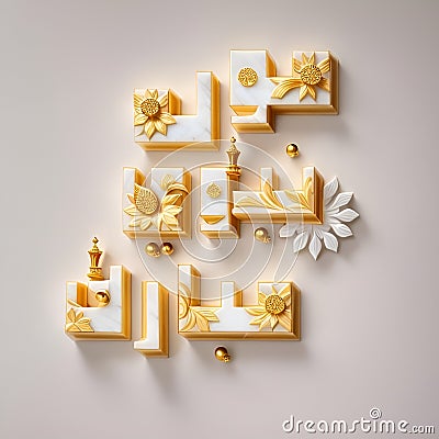 3D Floral Gold Arabesque Lettering of Mawlid Nabi Muhammad, Islamic graphic design for Greeting card Stock Photo