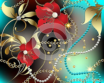 3d floral jewelry gemstones vector seamless pattern. Colorful ornate glowing background. Modern repeat shiny backdrop. Red 3d Vector Illustration