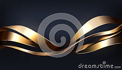 3D flowing metal shapes. Glossy waves. Dynamic curved lines. Decorative gold twist. Motion fluid with metallic gilt Vector Illustration