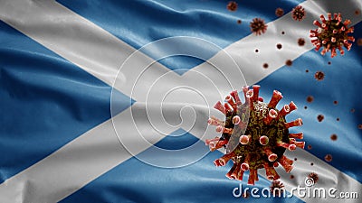 3D, Flu coronavirus floating over Scottish flag. Scotland and pandemic Covid 19 Stock Photo