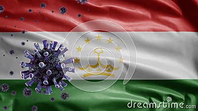3D, Flu coronavirus floating over Tajikistani flag. Tajikistan pandemic Covid 19 Stock Photo