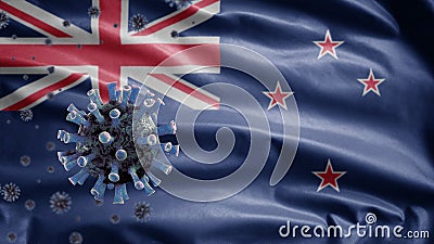 3D, Flu coronavirus over New Zealander flag. New Zealand and pandemic Covid 19 Stock Photo