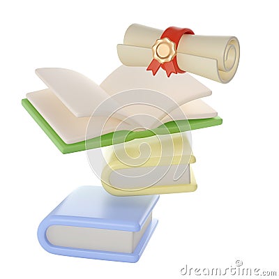 3D flying Books and Diploma scroll graduate Icon. Render Education or Business Literature. E-book, Encyclopedia Stock Photo