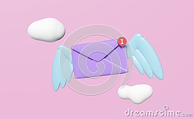 3d Flying closed envelope with wings, cloud isolated on pink background. notify newsletter, online incoming email concept, 3d Cartoon Illustration