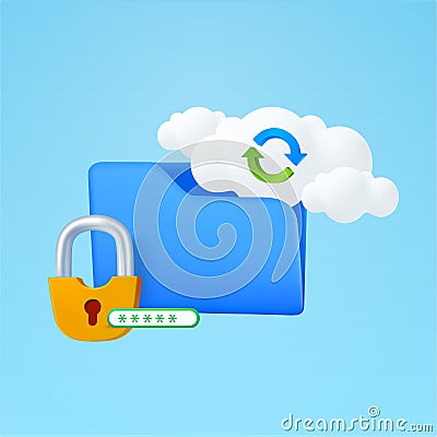 3d folder with cloud, sync icon, secured lock, password input, isolated on background. Design concept for cloud server Vector Illustration
