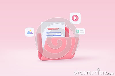3d folder and paper for management multimedia file, document efficient work on project plan concept. Image and video document Stock Photo