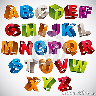 3D font, bold colorful alphabet. Vector Illustration