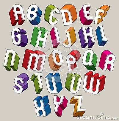 3d font, vector colorful letters, geometric dimensional alphabet Vector Illustration