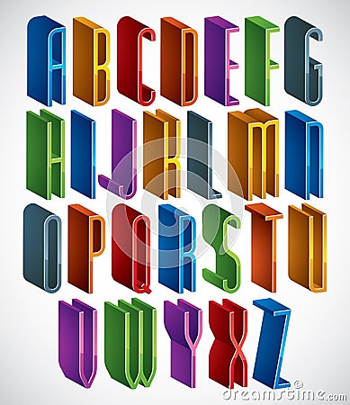 3d font, vector tall thin letters, geometric dimensional alphabet. Vector Illustration