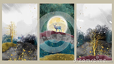 3d frames for home wall decoration. Marbled deer, golden trees, clouds, golden moon and colorful mountains in light landscape Stock Photo