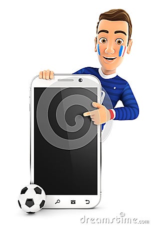 3d french soccer fan pointing to blank smartphone Cartoon Illustration