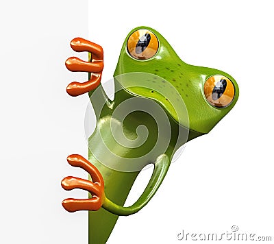 3d frog and blank empty board Cartoon Illustration