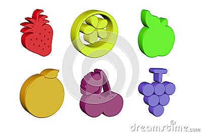 3d fruit drawings - strawberry, lemon, apple, orange, cherry, gr Stock Photo