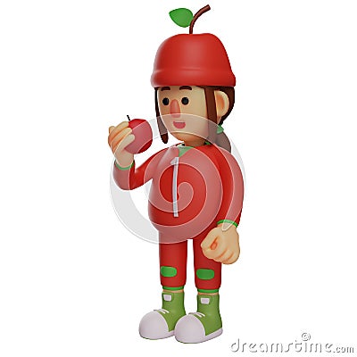 3D Fruit Girl Cartoon Illustration eating an apple Stock Photo