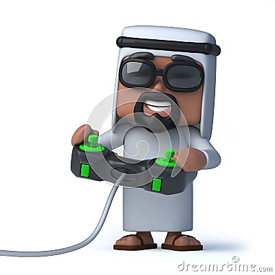3d Funny cartoon Arab sheik character playing a video game Stock Photo