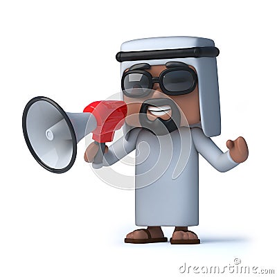 3d Funny cartoon Arab sheik character using a megaphone Stock Photo