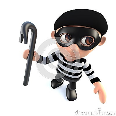 3d Funny cartoon burglar thief character holding a crowbar Stock Photo