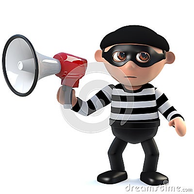 3d Funny cartoon burglar thief character holding a loud hailer megaphone Vector Illustration