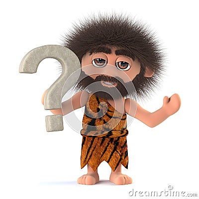 3d Funny cartoon caveman character has a question Stock Photo