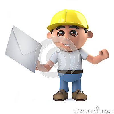 3d Funny cartoon construction worker character has mail Stock Photo