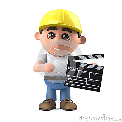 3d Funny cartoon construction worker holding a movie makers clapper board Vector Illustration