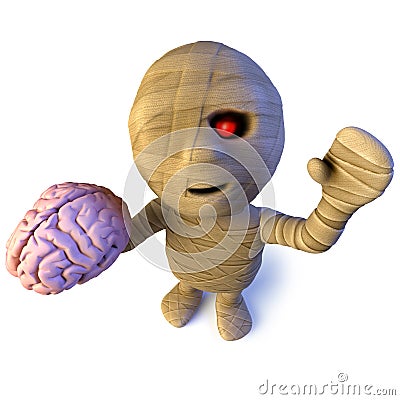 3d Funny cartoon Egyptian mummy character holding a human brain Stock Photo