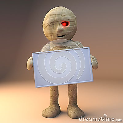 3d funny cartoon Egyptian mummy Halloween monster holding a blank sign, 3d illustration Cartoon Illustration