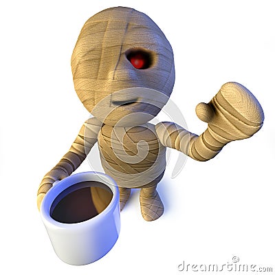 3d Funny cartoon Egyptian mummy monster character drinking coffee from a mug Stock Photo