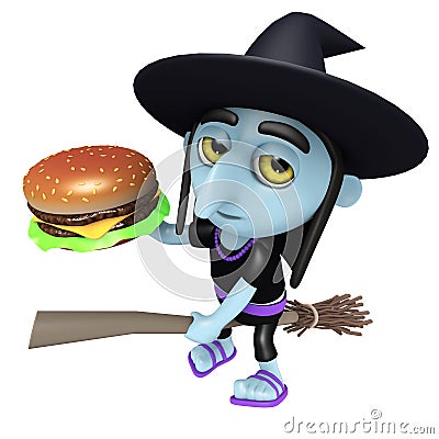 3d Funny cartoon Halloween witch flying on a broomstick and holding a cheese burger Stock Photo