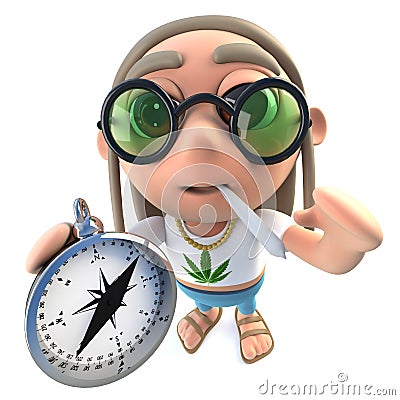 3d Funny cartoon hippy stoner character holding a compass Stock Photo