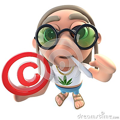 3d Funny cartoon hippy stoner character holding a copyright symbol Stock Photo