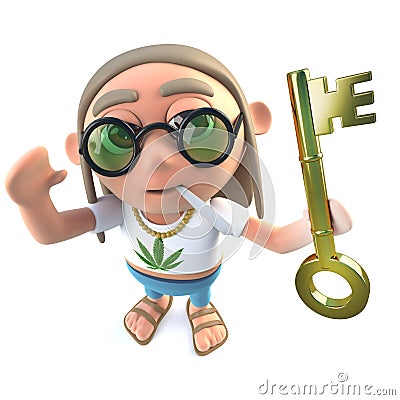 3d Funny cartoon hippy stoner character holding a gold key symbolising success Stock Photo