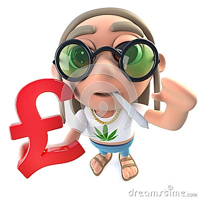 3d Funny cartoon hippy stoner character holding a UK Pounds currency symbol Stock Photo