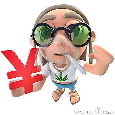 3d Funny cartoon hippy stoner character holding a Yen currency symbol Stock Photo