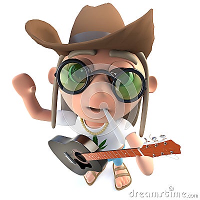 3d Funny cartoon hippy stoner character wearing a cowboy hat and playing guitar Stock Photo