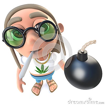 3d Funny cartoon hippy stoner holding a bomb Stock Photo