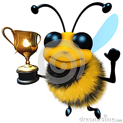 3d Funny cartoon honey bee character holding a gold cup trophy Stock Photo
