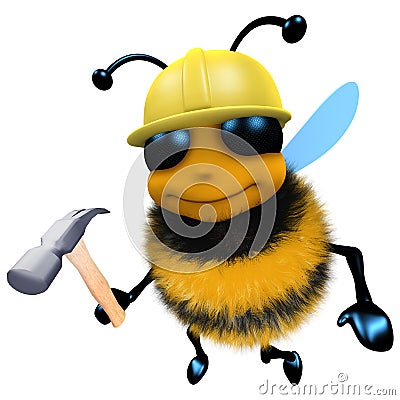 3d Funny cartoon honey bee construction worker character holding a hammer Stock Photo