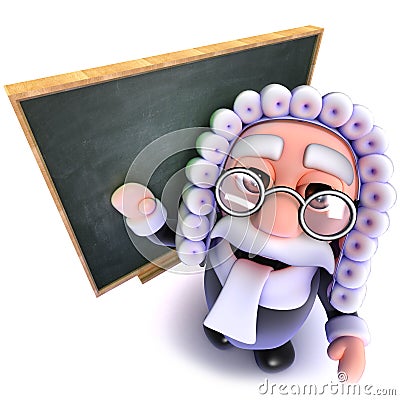 3d Funny cartoon judge character standing in front of a blackboard Stock Photo