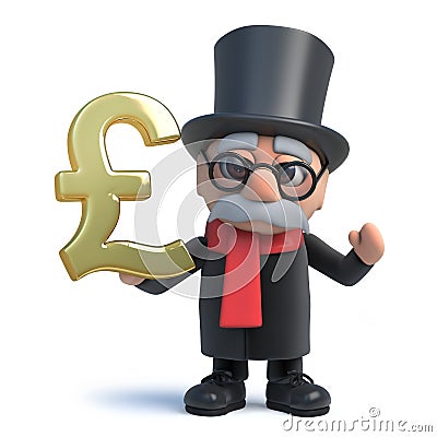 3d Funny cartoon lord character in top hat holding a gold UK Pound currency symbol Stock Photo