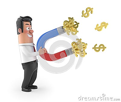3D funny cartoon manager - money magnet Stock Photo