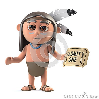 3d Funny cartoon Native American Indian character has a ticket to the show Stock Photo