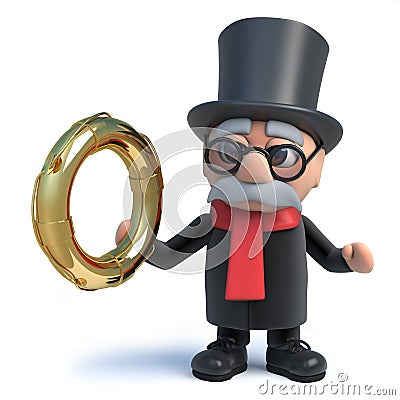 3d Funny cartoon noble lord character bails out with a gold life ring Stock Photo