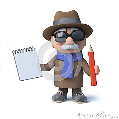 3d Funny cartoon old man character takes notes with pad and pencil Stock Photo