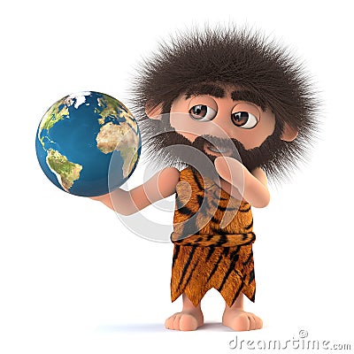 3d Funny cartoon primitive stoneage caveman holds a globe of the Earth Stock Photo