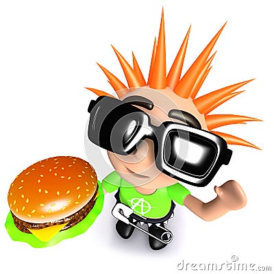3d Funny cartoon punk youth holding a cheese burger Stock Photo