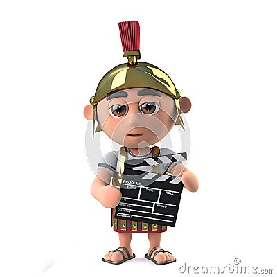 3d Funny cartoon Roman gladiator centurion making a movie Stock Photo